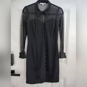 Sheer-Panel Black Long-Sleeve Button Dress